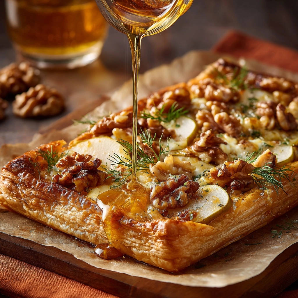 Knusprige Birnen-Käse-Tarte: Eine Nahaufnahme zeigt den goldenen Teig und den fließenden Honig, der über die Zutaten tropft.