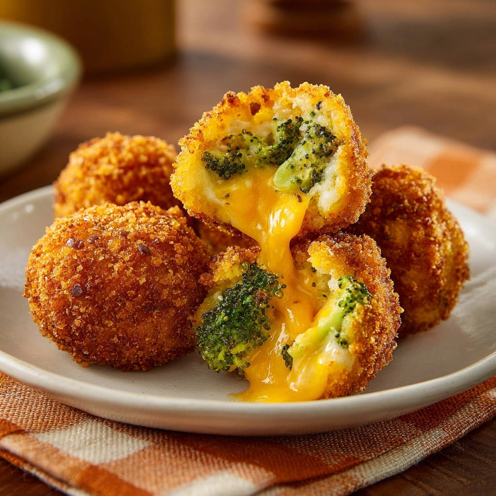 Knusprige Brokkoli Kase Ballchen Querschnitt 1 Knusprige Brokkoli-Käse-Bällchen zeigen einen verführerischen Querschnitt, der geschmolzenen Käse und Brokkoliröschen offenbart.