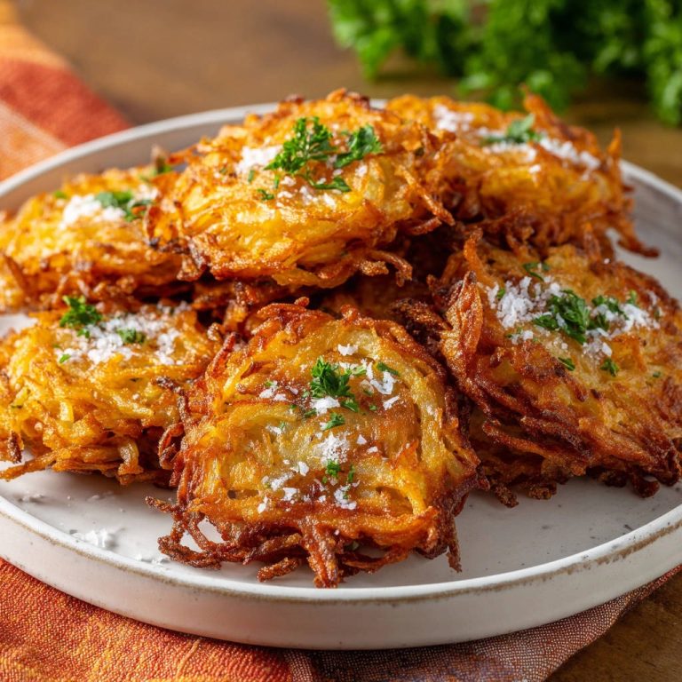 Knusprige Kartoffelpuffer, serviert auf einem weißen Teller, sind mit Salz und frischer Petersilie garniert. Die goldbraunen Puffer sehen appetitlich aus.