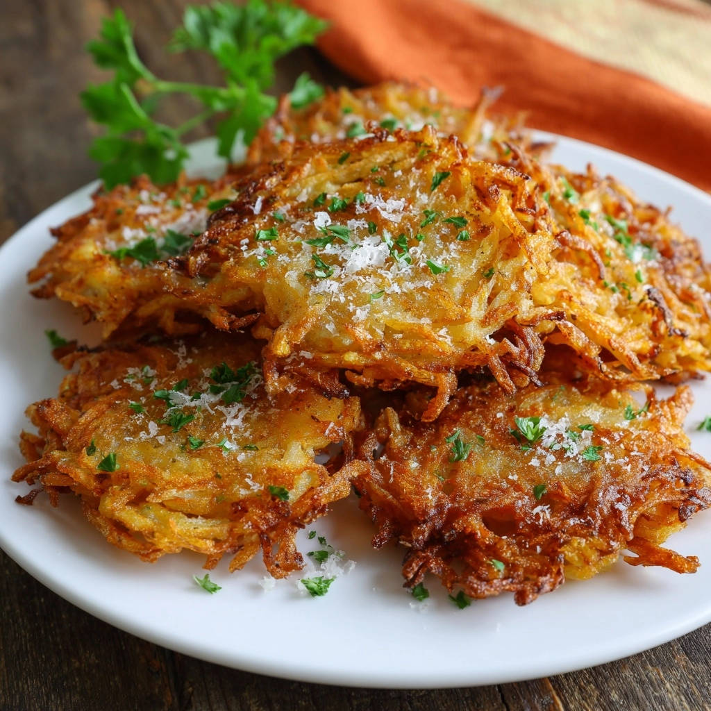 Knusprige Kartoffelpuffer, serviert auf einem weißen Teller, sind mit frischen Kräutern und Salz bestreut. Die goldbraunen Puffer sind knusprig gebraten.