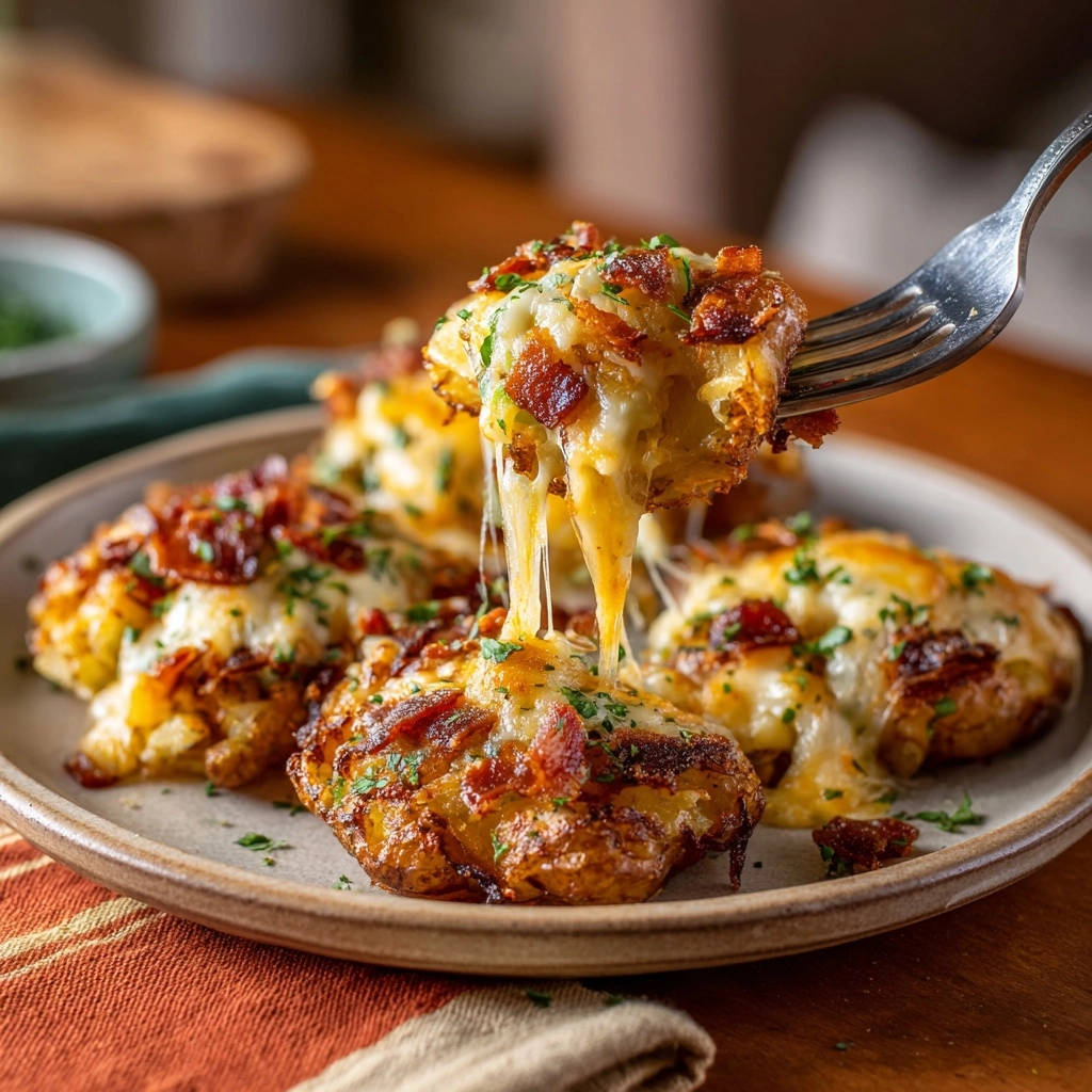 Knusprige Käse-Bacon Kartoffeltaler mit geschmolzenem Käse, der sich appetitlich von einer Gabel zieht und die knusprige Textur zeigt.