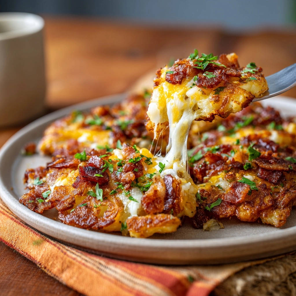 Knusprige Käse-Bacon Kartoffeltaler mit geschmolzenem Käse, der sich beim Abheben von der Gabel zieht, garniert mit frischer Petersilie.