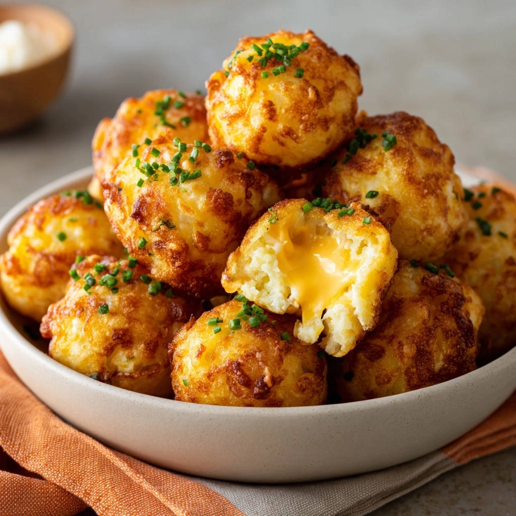 Knusprige Kaseballchen Mit Flussigem Kern Querschnitt 1 Knusprige Käsebällchen mit flüssigem Kern zeigen hier ihren geschmolzenen Käsekern im Anschnitt. Diese köstlichen Käsebällchen sind außen goldbraun und innen cremig.