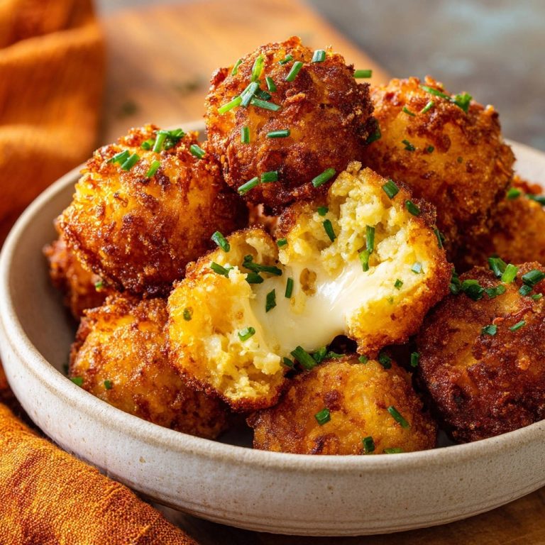 Knusprige Käsebällchen mit flüssigem Kern im Anschnitt, die den geschmolzenen Käse innen zeigen und mit frischem Schnittlauch garniert sind.