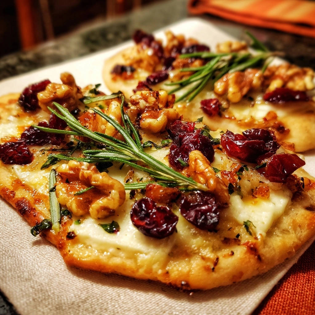 Knusprige Nuss Cranberry Flatbreads Nahaufnahme 1 Knusprige Nuss-Cranberry-Flatbreads in Nahaufnahme, garniert mit Walnüssen, Cranberries und frischem Rosmarin, serviert auf einem Leinentuch.