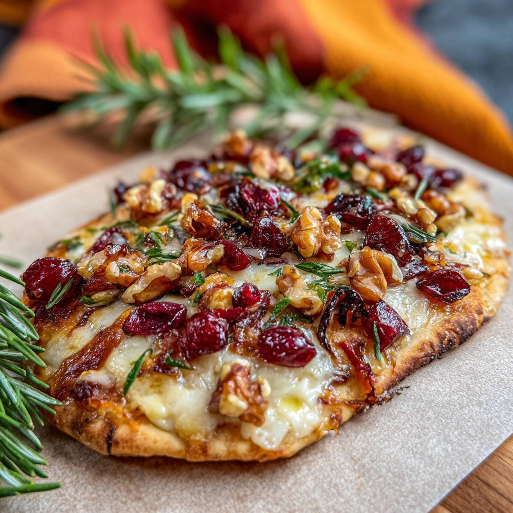 Knusprige Nuss-Cranberry-Flatbreads in Nahaufnahme, mit Walnüssen, Cranberries, Rosmarin und geschmolzenem Käse, serviert auf Backpapier.