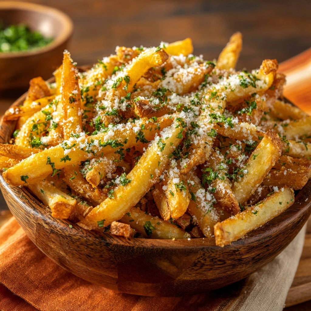 Knusprige Parmesan Kraeuter Pommes Draufsicht 1 Knusprige Parmesan-Kräuter-Pommes in einer Holzkiste, serviert mit frischem Parmesan und Kräutern, aus der Vogelperspektive.