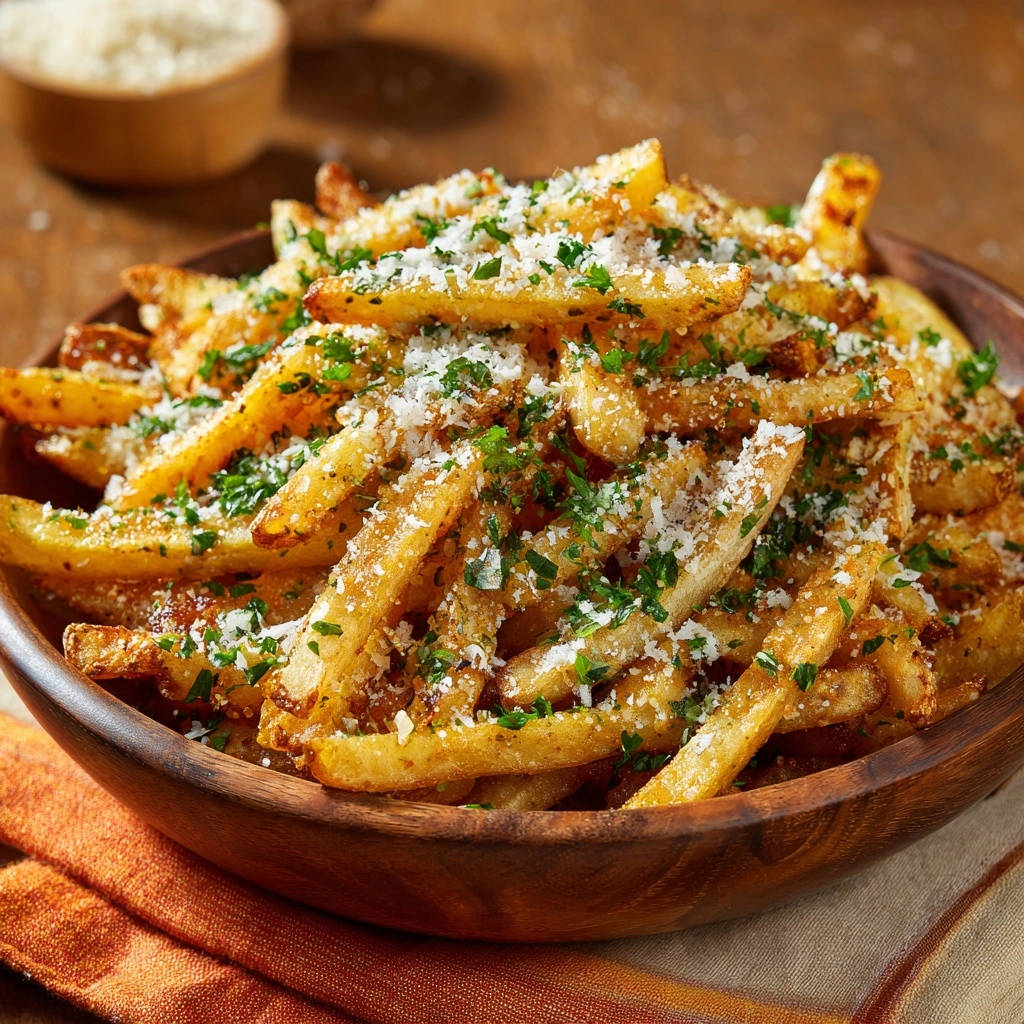 Knusprige Parmesan-Kräuter-Pommes in einer Holzschale serviert, garniert mit frischen Kräutern und geriebenem Parmesan.