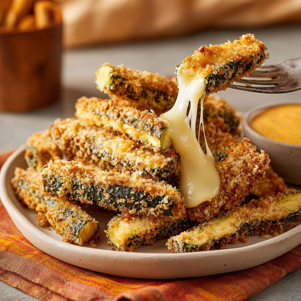 Knusprige Zucchini-Käse-Sticks mit geschmolzenem Käse, der sich appetitlich zieht, serviert auf einem Teller für den Genuss.