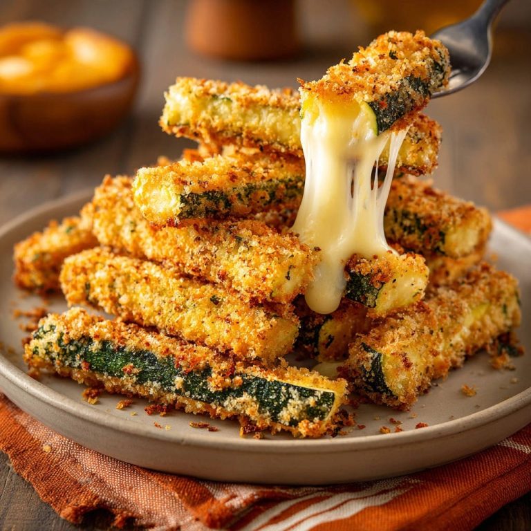 Knusprige Zucchini-Käse-Sticks, mit geschmolzenem Käse, der sich beim Herausheben ausdehnt. Die perfekte Kombination aus Zucchini und Käse!