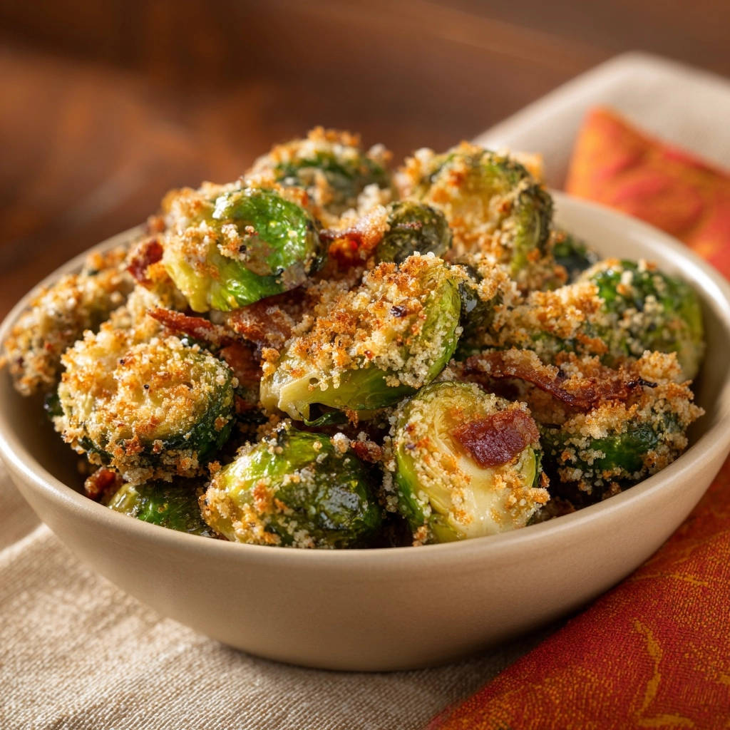 Knuspriger Rosenkohl Mit Bacon Broeseln Nahaufnahme 1 Knuspriger Rosenkohl mit Bacon-Bröseln in Nahaufnahme, serviert in einer cremefarbenen Schüssel, perfekt zubereitet und angerichtet.