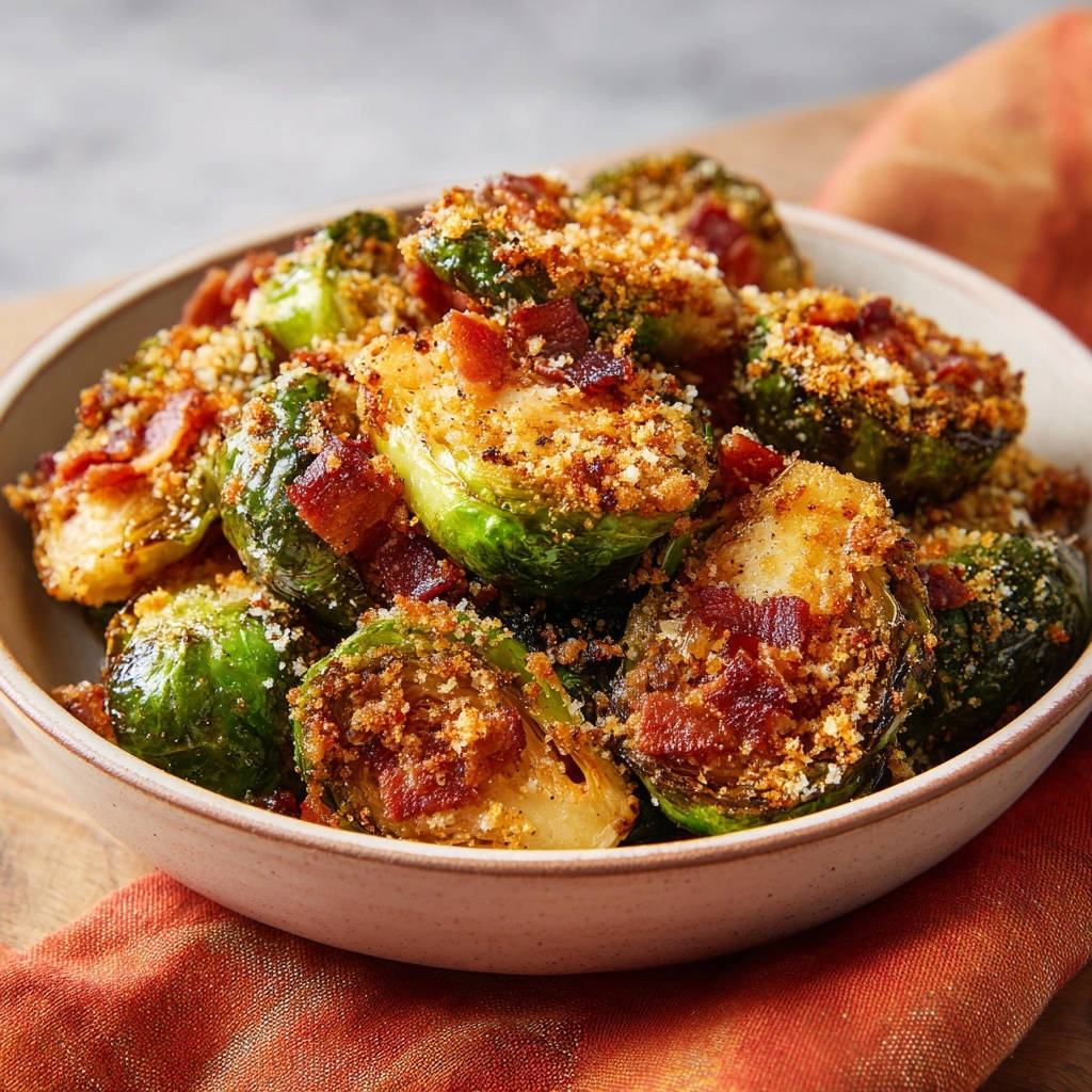 Knuspriger Rosenkohl mit Bacon-Bröseln in Nahaufnahme: Goldbraune Röschen mit knusprigen Bröseln und Speckwürfeln.