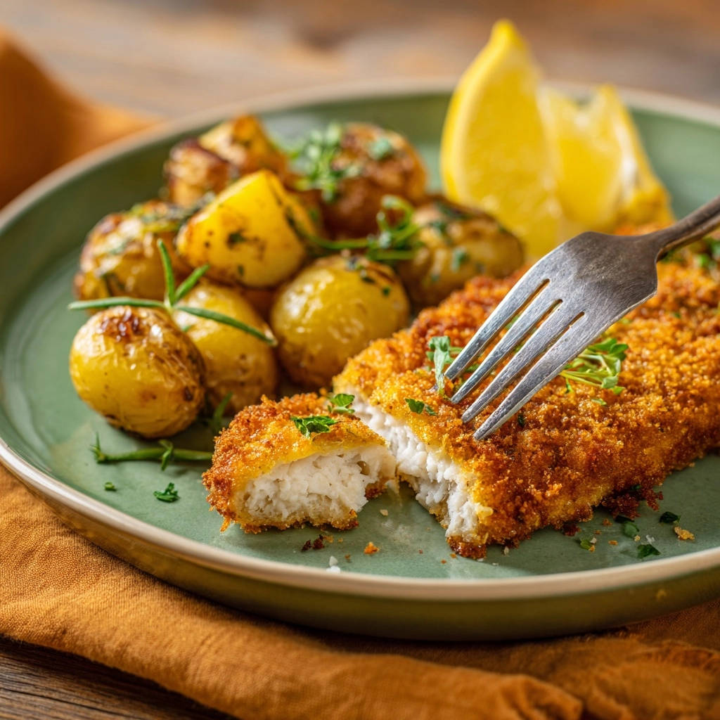 Knuspriges Fischfilet Mit Rosmarinkartoffeln Querschnitt 1 Knuspriges Fischfilet mit Rosmarinkartoffeln, serviert auf einem Teller, zeigt einen verlockenden Querschnitt des panierten Fischs.