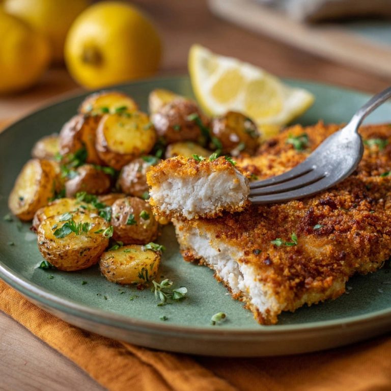 Knuspriges Fischfilet mit Rosmarinkartoffeln: Ein Gabelstück zeigt den saftigen Fischquerschnitt mit goldbrauner Kruste, serviert mit Bratkartoffeln.