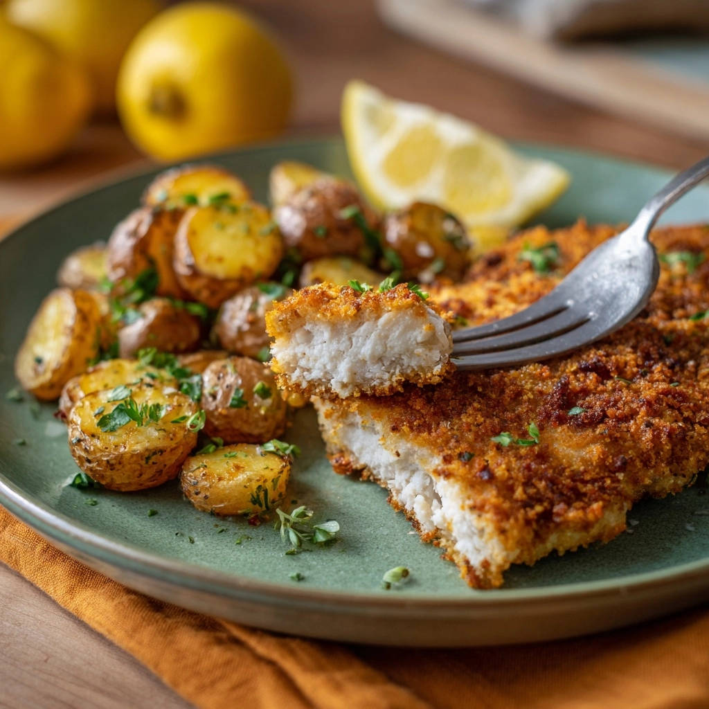 Knuspriges Fischfilet mit Rosmarinkartoffeln: Ein Gabelstück zeigt den saftigen Fischquerschnitt mit goldbrauner Kruste, serviert mit Bratkartoffeln.