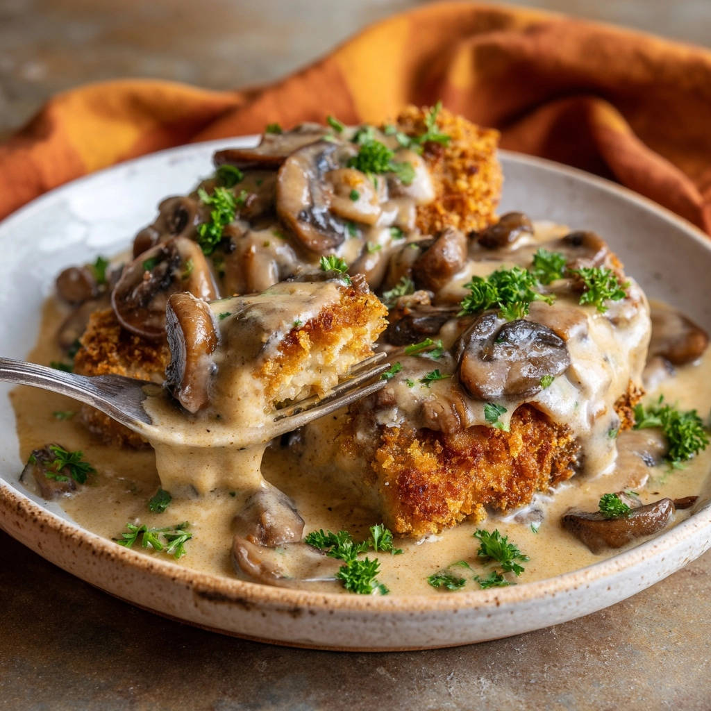 Knuspriges Hähnchenschnitzel mit Pilzrahmsoße, ein Stück auf einer Gabel gehalten, zeigt die knusprige Panade und das saftige Innere.