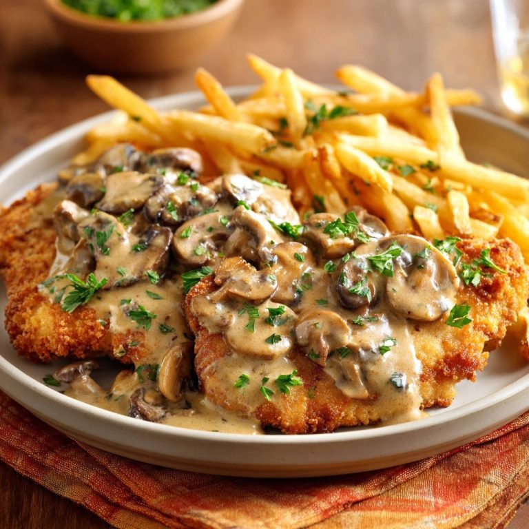 Knuspriges Hähnchenschnitzel mit cremiger Pilzrahmsoße, serviert auf einem Teller mit Pommes frites und frischer Petersilie.