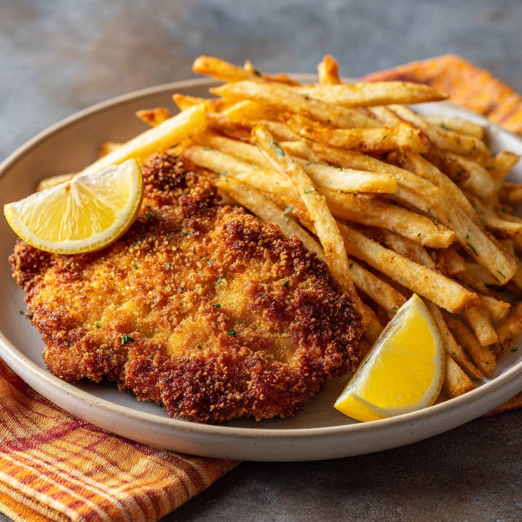 Knuspriges Hähnchen-Schnitzel mit Pommes Frites serviert auf einem Teller, garniert mit Zitronenspalten und goldbraunen Pommes Frites.