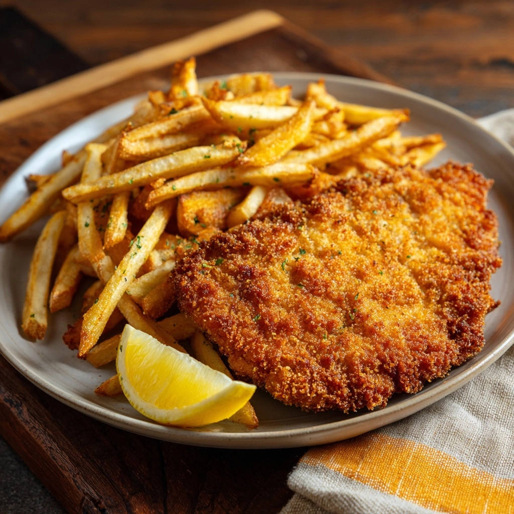 Knuspriges Hähnchen-Schnitzel mit Pommes Frites serviert auf einem Teller, mit einer Zitrone und knusprigen Pommes.