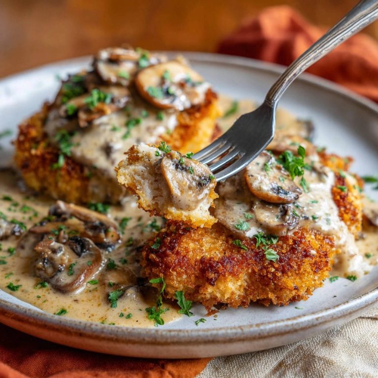 Knuspriges Hähnchenschnitzel mit Pilzrahmsoße, das auf einem Teller serviert wird, mit einer Gabel, die ein Stück zeigt.