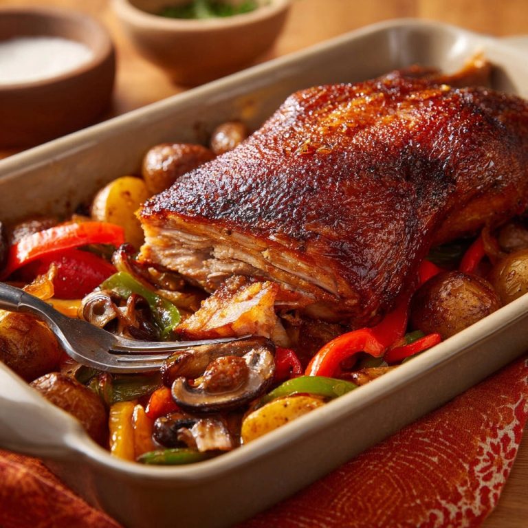 Knuspriges Ofen-Geflügel mit mediterranem Gemüse zeigt hier eine saftige, angeschnittene Portion mit knuspriger Haut und Gemüse.