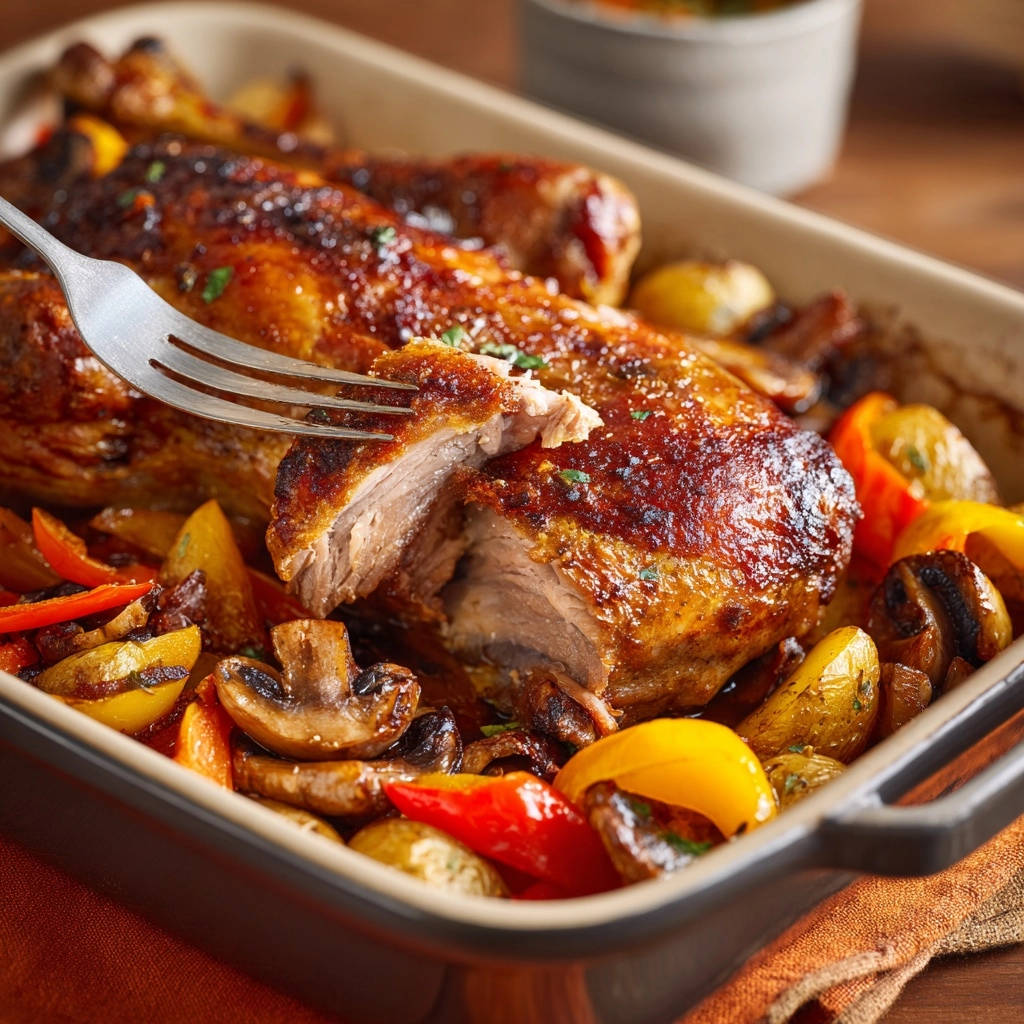 Knuspriges Ofen Gefluegel Querschnitt 1 Knuspriges Ofen-Geflügel mit mediterranem Gemüse: Nahaufnahme eines Teilstücks, das mit der Gabel aufgeschnitten wurde, zeigt zartes Fleisch.