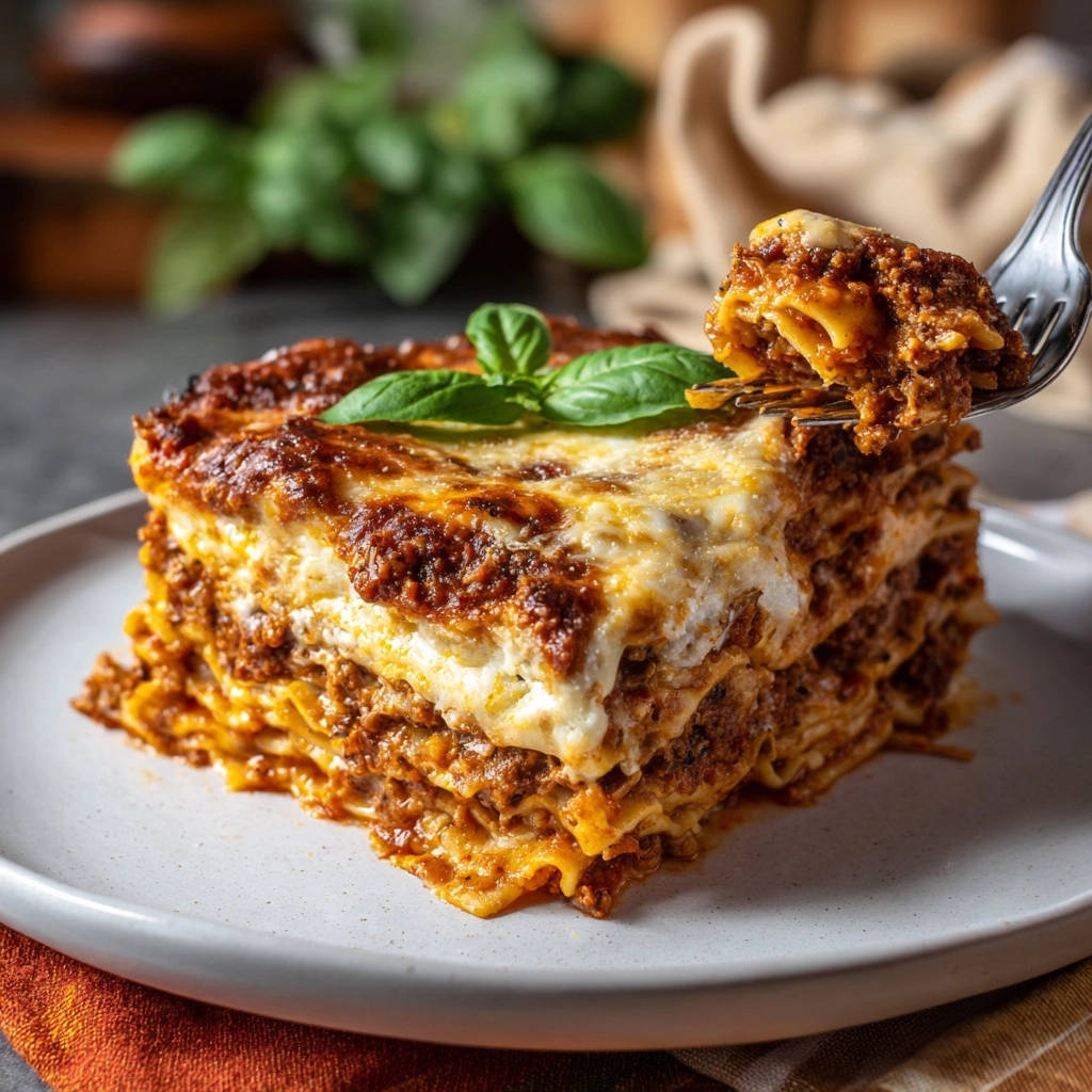 Lasagne al Forno in Nahaufnahme, serviert auf einem Teller, zeigt den saftigen Querschnitt mit geschmolzenem Käse und Fleischsoße.