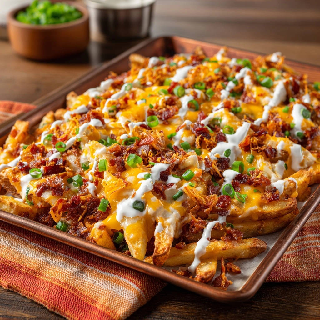 Loaded Fries Vom Blech Garniert Mit Speck Und Kaese 1 Ultimative Loaded Fries vom Blech, garniert mit knusprigem Speck, geschmolzenem Käse und Sour Cream auf einem Kupferblech.