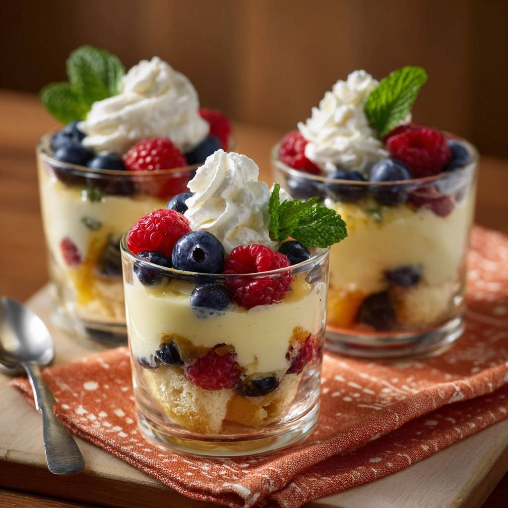 Luftiges Beeren-Trifle serviert in Gläsern, verziert mit frischen Beeren, Sahne und Minze. Ein köstliches Dessert, perfekt für besondere Anlässe.