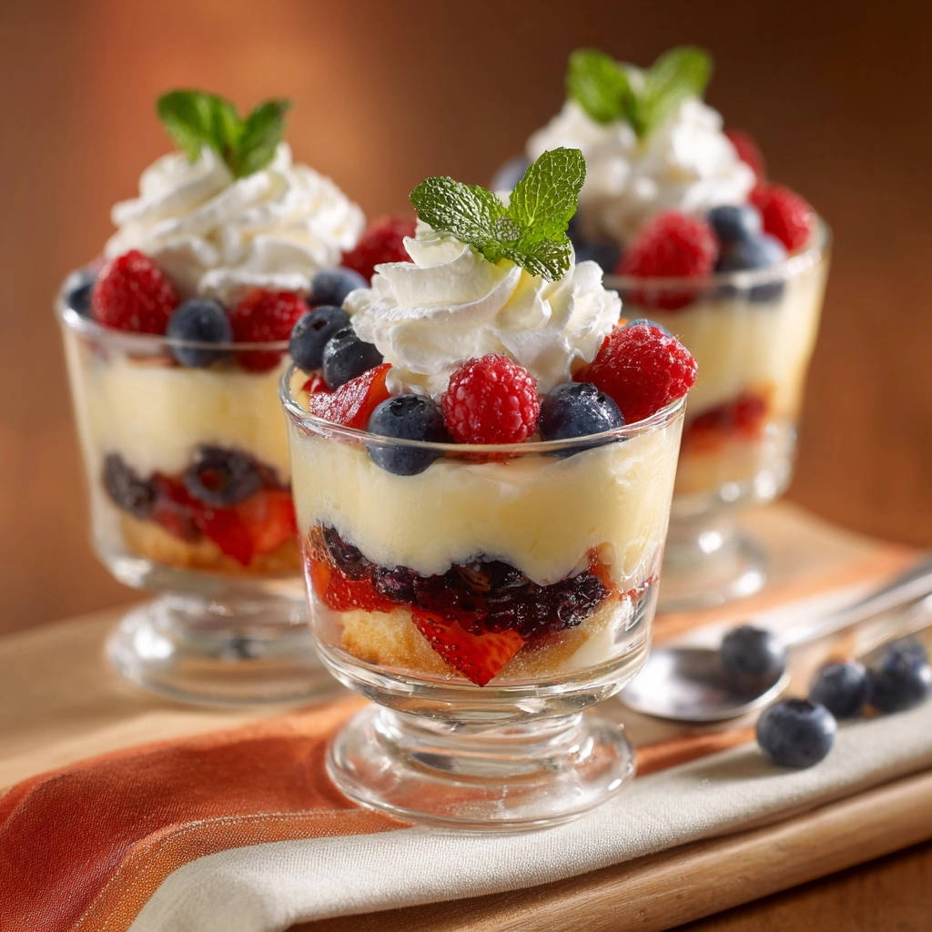 Luftiges Beeren-Trifle serviert in Gläsern, garniert mit frischer Minze und Sahne, zeigt die perfekt geschichteten Beeren und Creme.
