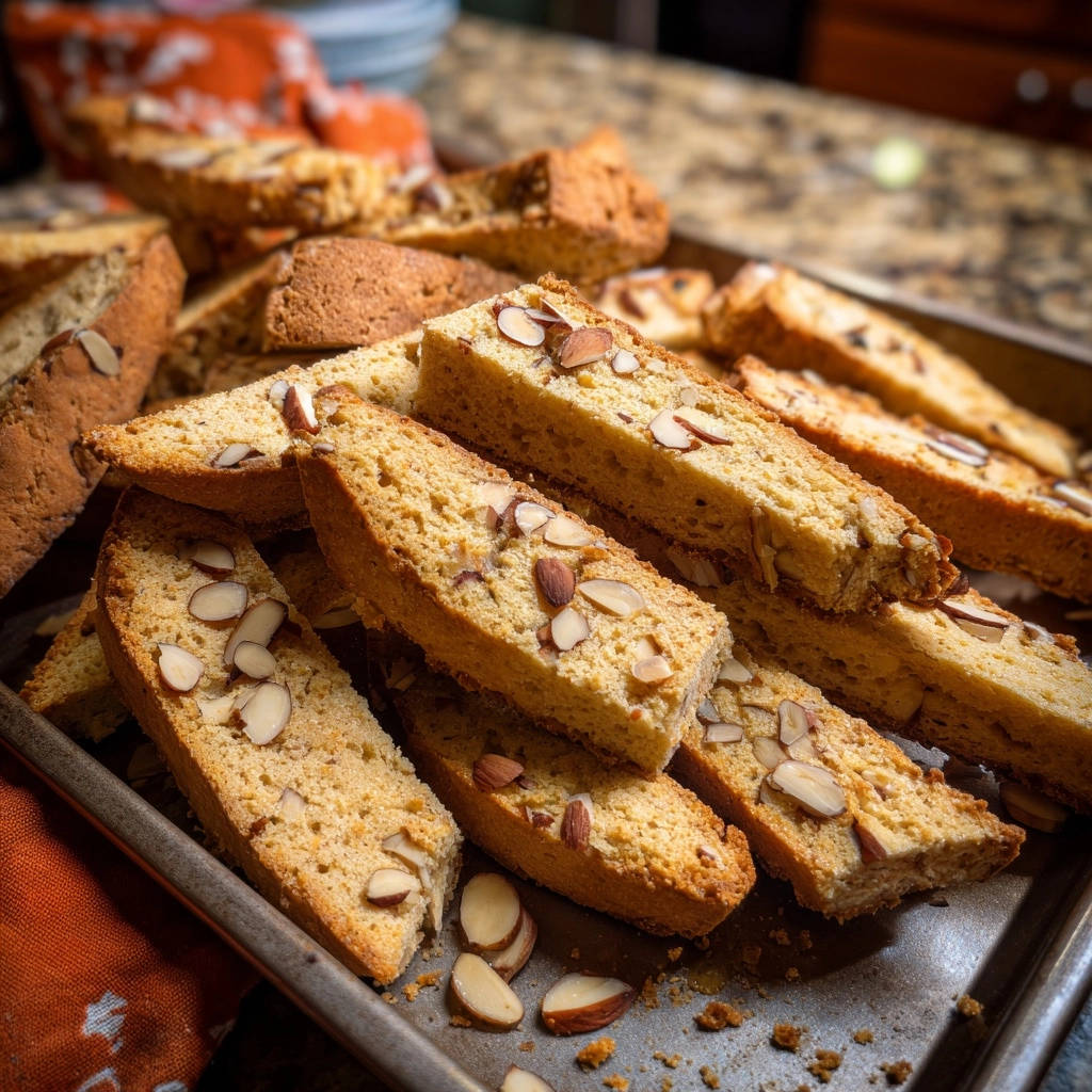 Mandelgeback A La Biscotti Nahaufnahme Mit Mandeln 1 Mandelgebäck à la Biscotti in Nahaufnahme auf einem Backblech angerichtet; die knusprigen Kekse sind mit Mandelsplittern verziert.