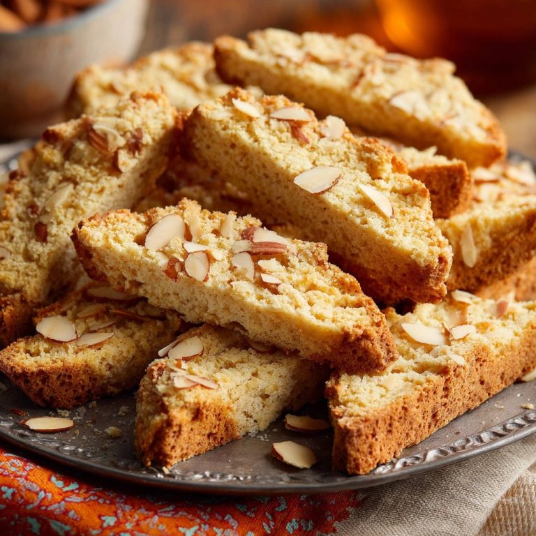 Mandelgebäck à la Biscotti in Nahaufnahme serviert, präsentiert auf einem rustikalen Teller, mit mandelblättern garniert. Die knusprigen Kekse laden zum Genießen ein.