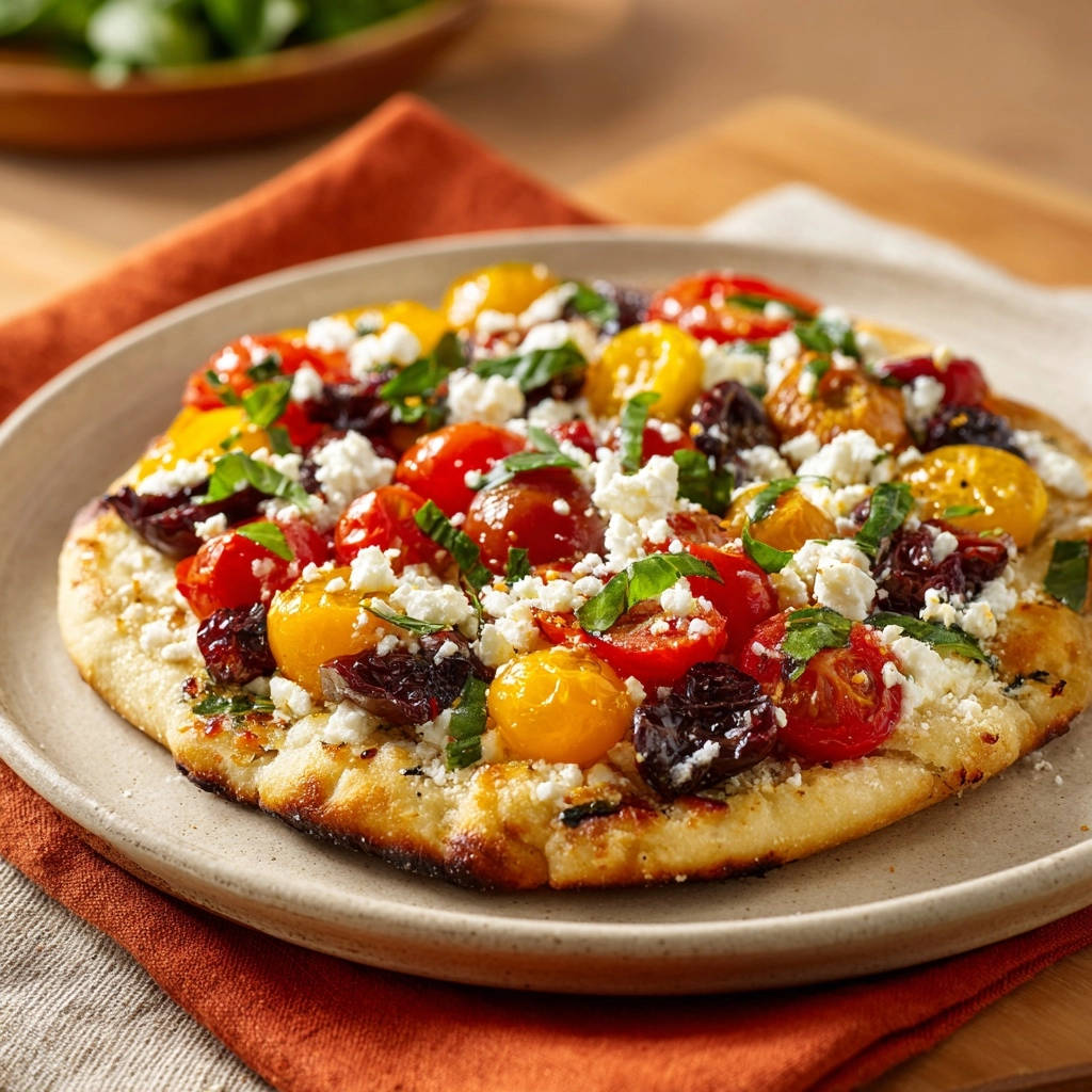 Mediterraner Tomaten Feta Fladen Draufsicht Serviert 1 Mediterraner Tomaten-Feta-Fladen, serviert auf einem rustikalen Teller, mit saftigen Tomaten, Feta und frischen Kräutern garniert.