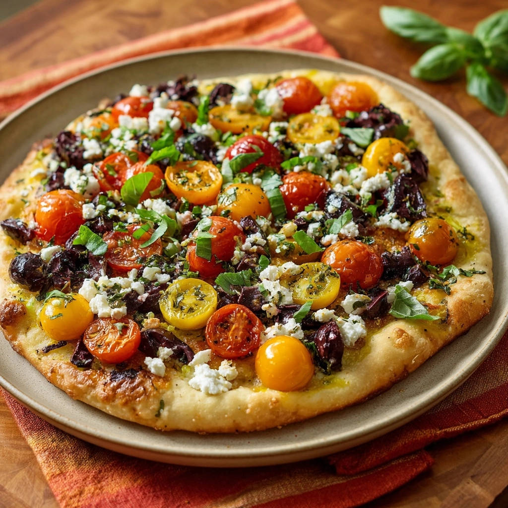 Mediterraner Tomaten-Feta-Fladen, serviert auf einem Teller, mit sonnenverwöhnten Tomaten, Oliven und frischem Basilikum garniert.