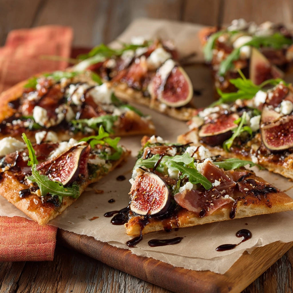 Mediterranes Feigen-Rucola-Fladenbrot mit Ziegenkäse in Nahaufnahme mit angeschnittenen Stücken, belegt mit Feigen, Rucola und Balsamico-Glasur.