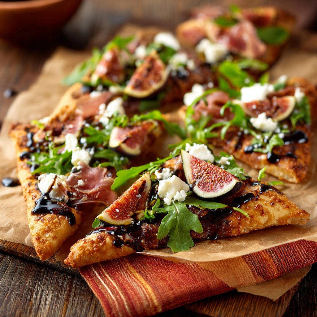 Mediterranes Feigen-Rucola-Fladenbrot mit Ziegenkäse serviert, garniert mit frischem Rucola, Feigen und Balsamico-Glasur auf rustikalem Holz.