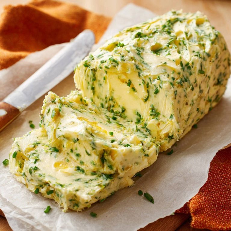 Meine Geheim-Kräuterbutter zeigt einen köstlichen Querschnitt mit frischen Kräutern in cremiger Konsistenz, perfekt für genussvolle Momente.