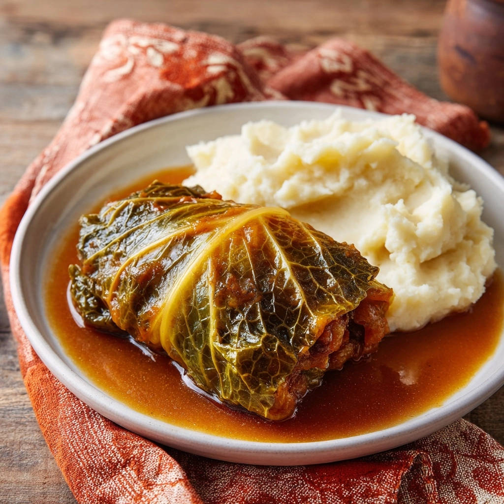 Oma Elses Krautwickel Serviert 1 Oma Elses Krautwickel, serviert auf einem Teller mit cremigen Kartoffelpüree und köstlicher Sauce, perfekt angerichtet.