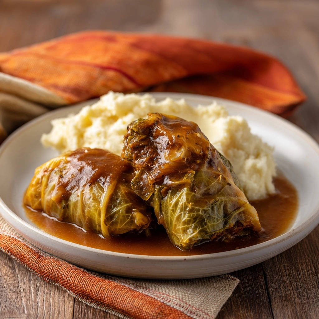Oma Elses Krautwickel, serviert mit cremiger Kartoffelmasse und köstlicher Sauce, präsentiert auf einem Teller. Die herzhaften Krautwickel sind saftig und zart.