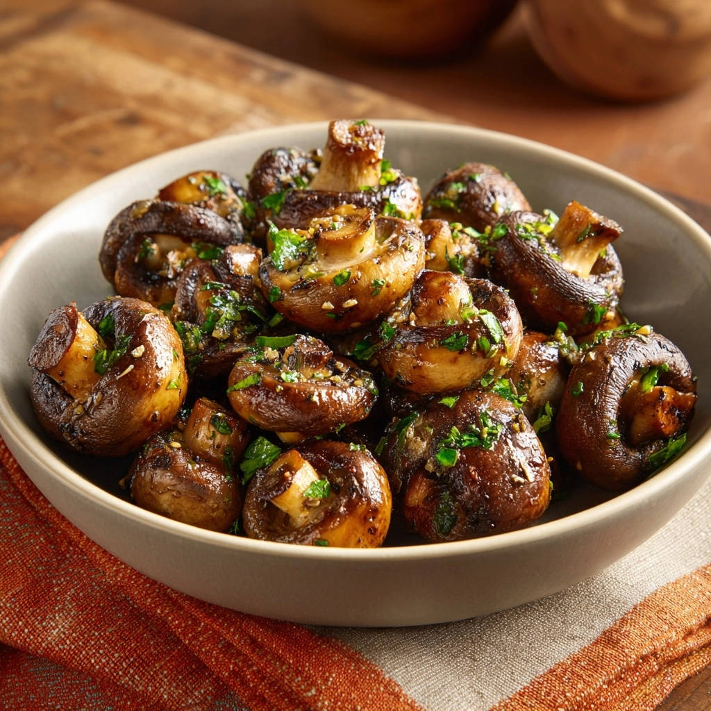 Perfekt Gebratene Knoblauch Champignons Nahaufnahme 1 Perfekt gebratene Knoblauch-Champignons in einer Schüssel aus nächster Nähe. Die Pilze sind goldbraun und mit frischen Kräutern garniert.
