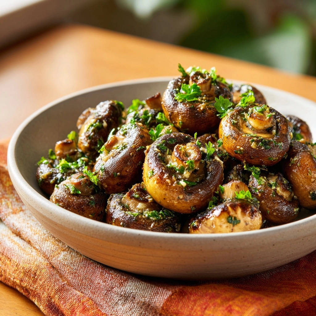 Perfekt gebratene Knoblauch-Champignons in einer Schüssel. Die goldbraun gebratenen Champignons sind mit frischer Petersilie garniert.