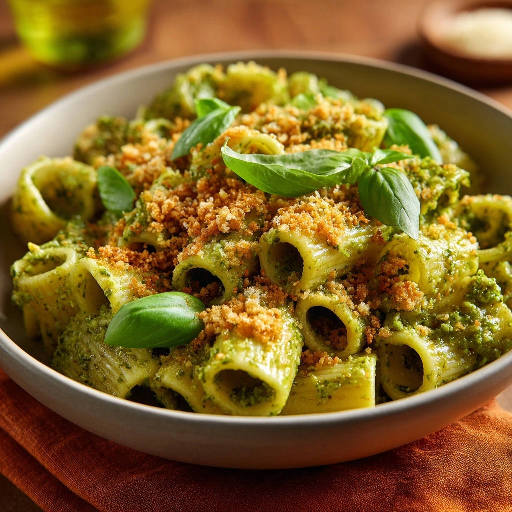 Pesto Pasta Mit Knusper Topping Nahaufnahme 1 Pesto Pasta mit Knusper-Topping in Nahaufnahme: Die Textur des knusprigen Toppings und der leuchtenden grünen Sauce.