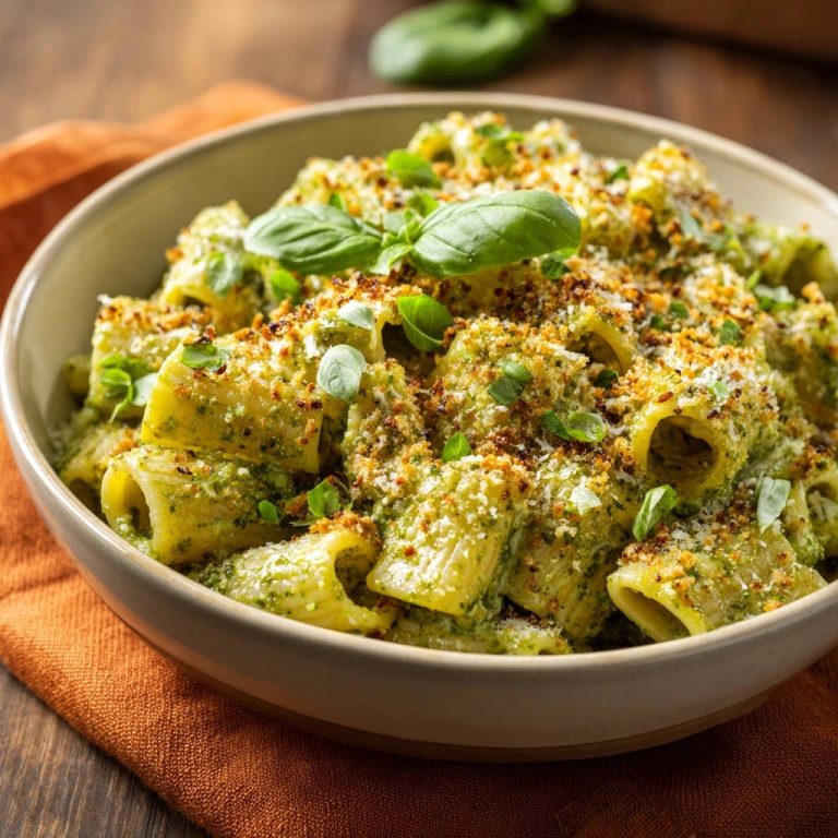 Pesto Pasta mit Knusper-Topping in Nahaufnahme: Die knusprige Kruste und frischen Kräuter zeigen die perfekte Textur.