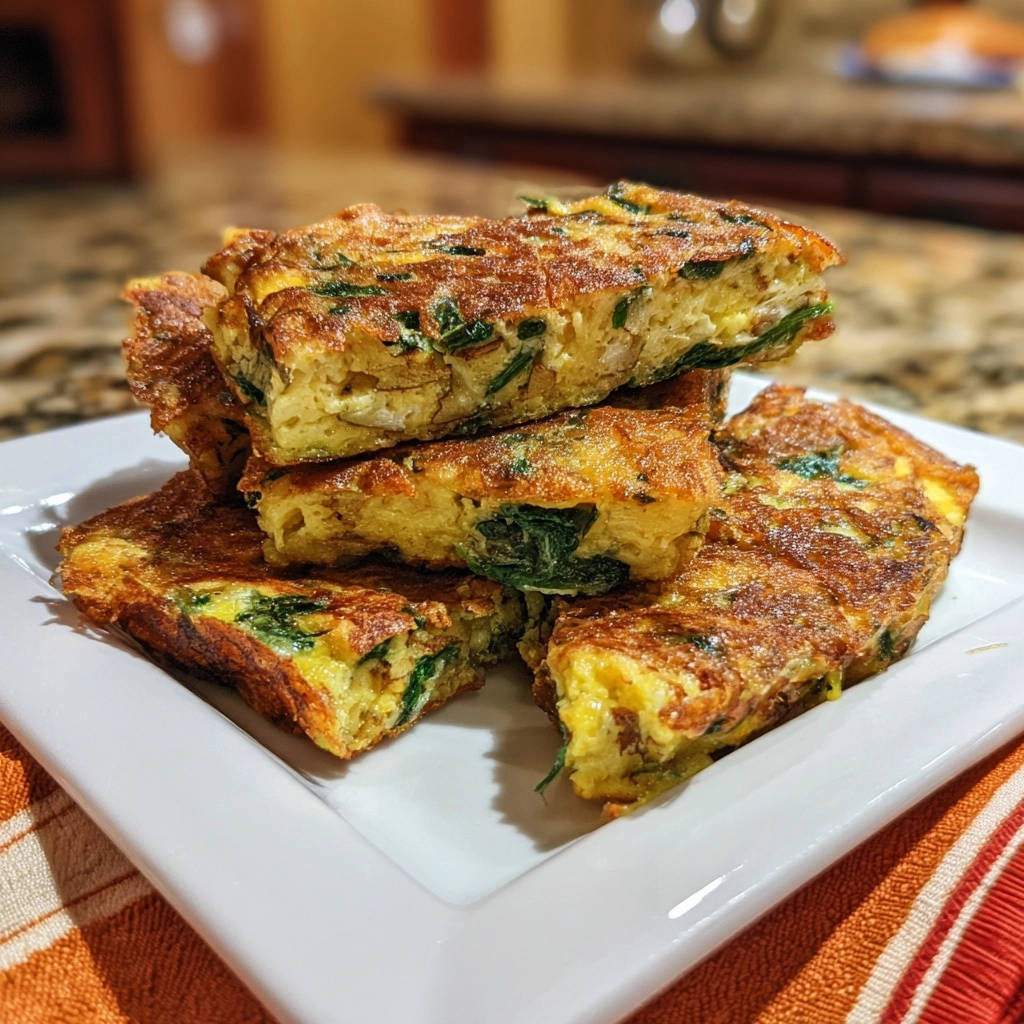 Rustikale Kartoffel Eier Puffer Querschnitt 1 Rustikale Kartoffel-Eier-Puffer in Nahaufnahme mit Ansicht der goldbraunen Kruste und der zarten, mit Spinat gefüllten Innenseite.