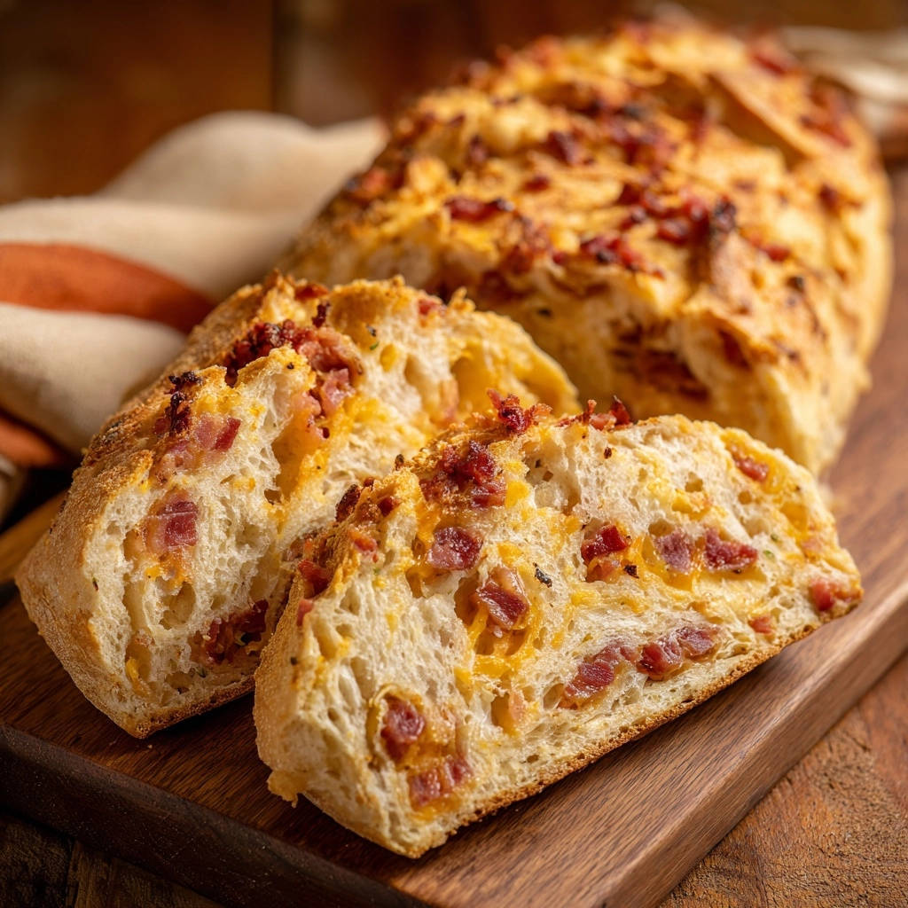 Rustikales Käse-Bacon-Brot angeschnitten auf einem Holzbrett, mit sichtbaren Speckstücken und geschmolzenem Käse im Inneren.