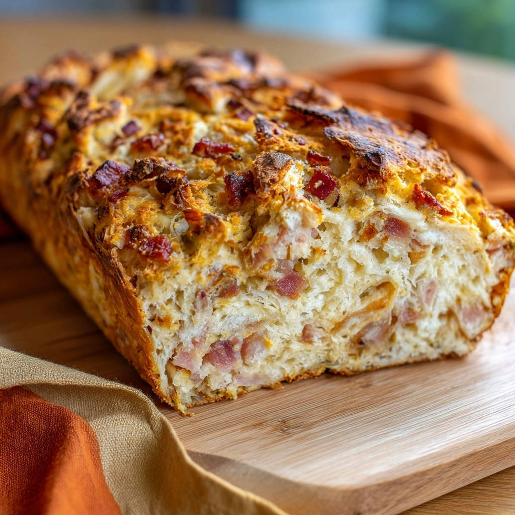 Rustikales Käse-Bacon-Brot in Nahaufnahme: Der Anschnitt zeigt die saftige Krume mit Speckwürfeln und Käse.
