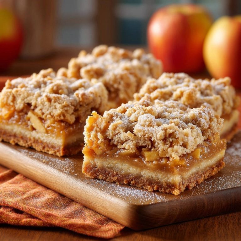 Saftige Apfel-Streusel-Schnitten im Nahaufnahme, mit einem Blick auf den köstlichen Querschnitt und die cremige Füllung.