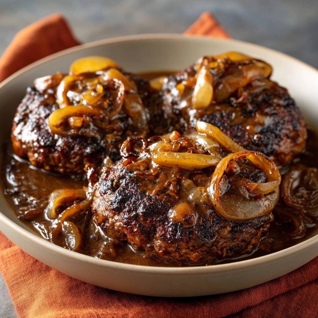 Saftige Hacksteaks Zwiebel Jus Nahaufnahme 1 Saftige Hacksteaks in Zwiebel-Jus in einer Nahaufnahme, serviert in einer rustikalen Schüssel, mit karamellisierten Zwiebeln.