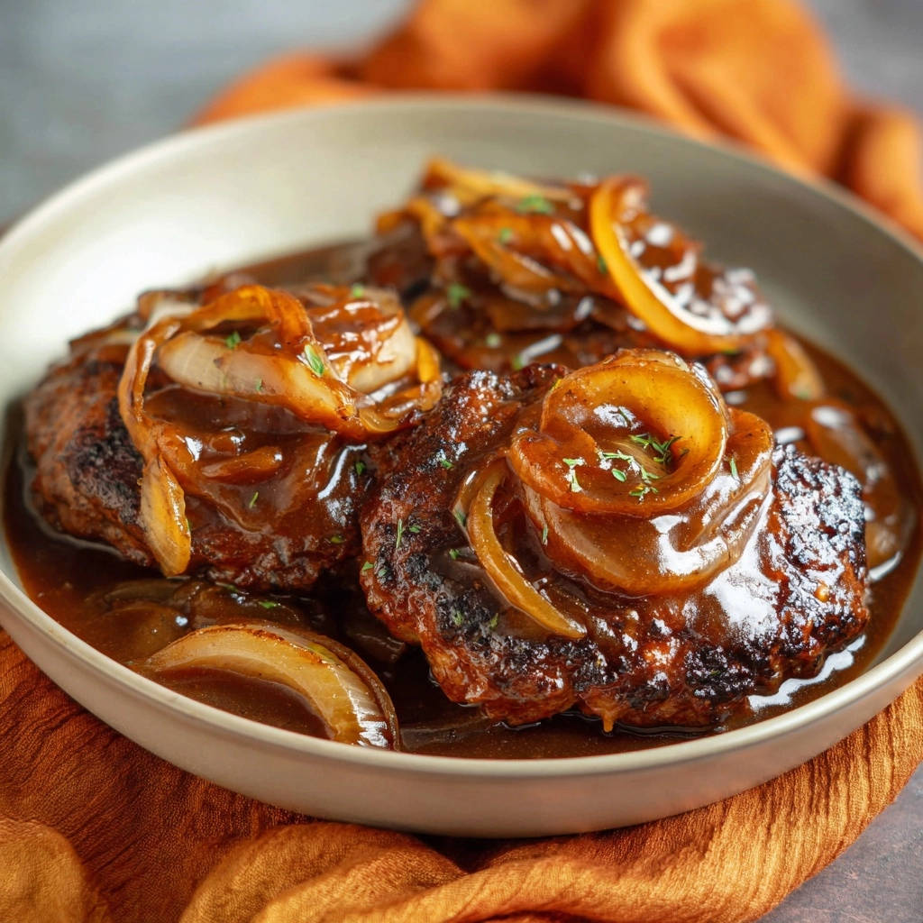 Saftige Hacksteaks in Zwiebel-Jus, serviert in einer Schüssel, mit karamellisierten Zwiebeln und dunkler Sauce in Nahaufnahme.