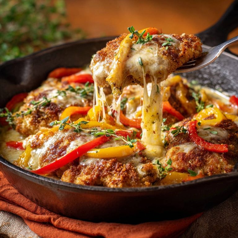 Saftige Hähnchenschnitzel mit Paprika-Käse-Decke, ein abgehobenes Schnitzel mit geschmolzenem Käse, der sich zieht, serviert in einer Pfanne.